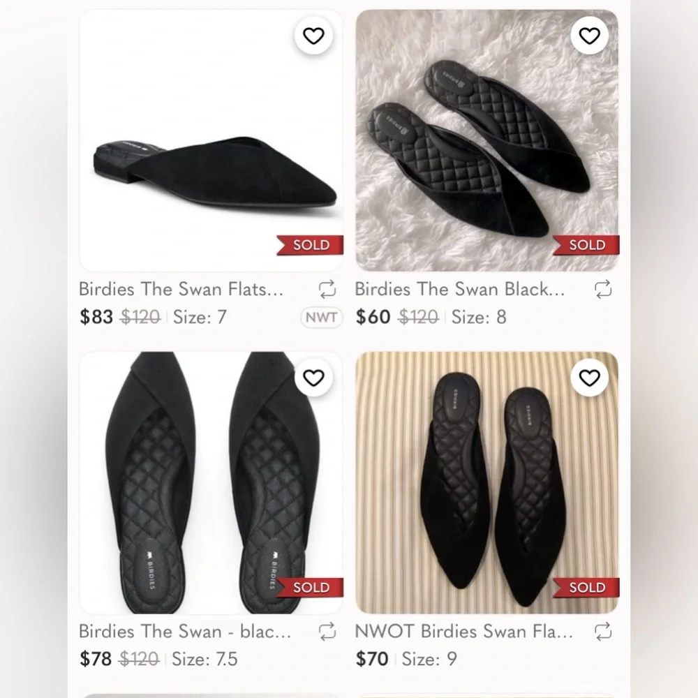Birdies “The Swan” Black‎ Suede Mules Slippers Pointed Flats Shoes Womens 8
